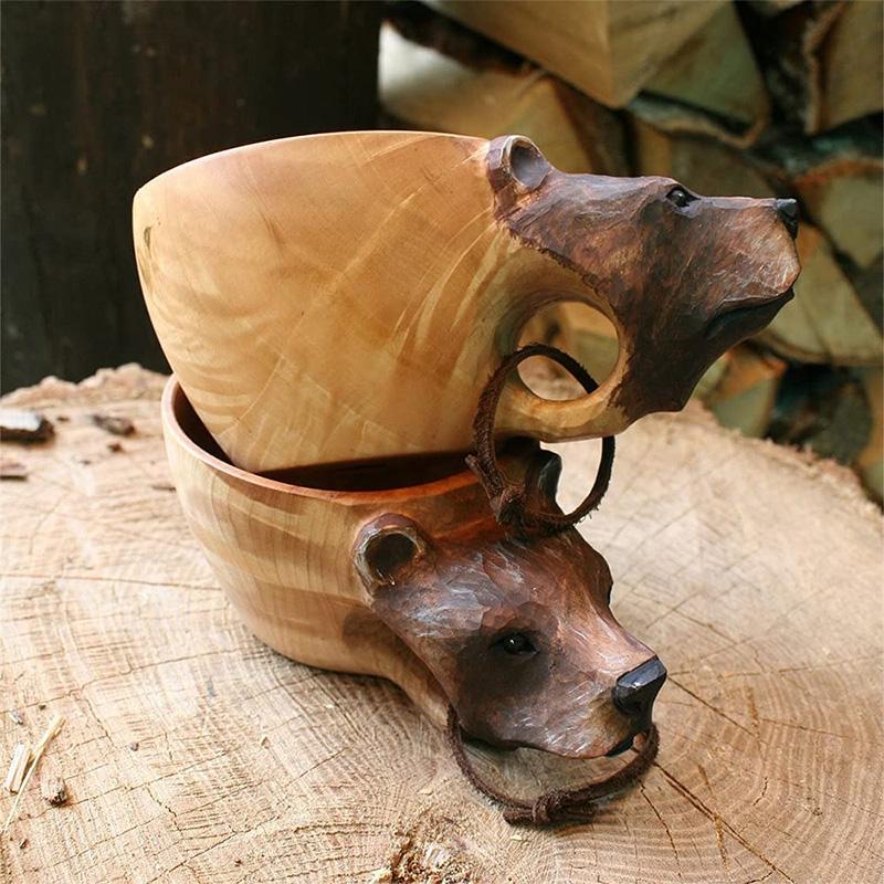 Hand-Carved Animal Head Wooden Cup