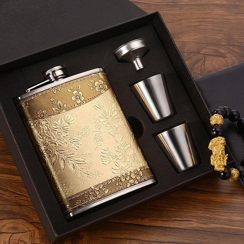 8oz Stainless Steel Whisky Bottle with Alcohol Funnel and Embroidered Golden Silk Fabric Packaging Gift Box Set