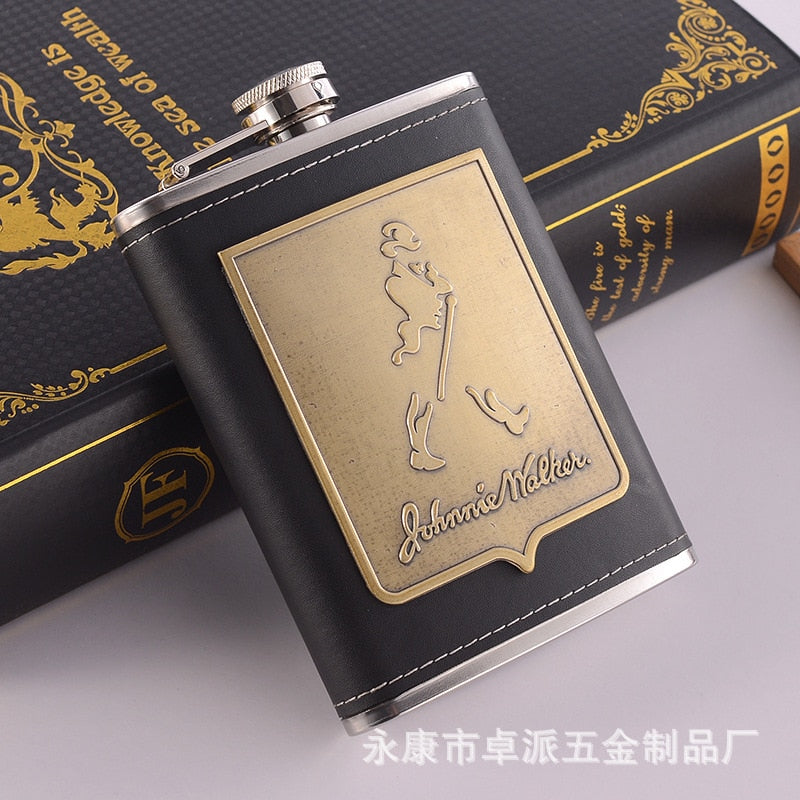 8oz Stainless Steel Whisky Bottle with Alcohol Funnel and Embroidered Golden Silk Fabric Packaging Gift Box Set
