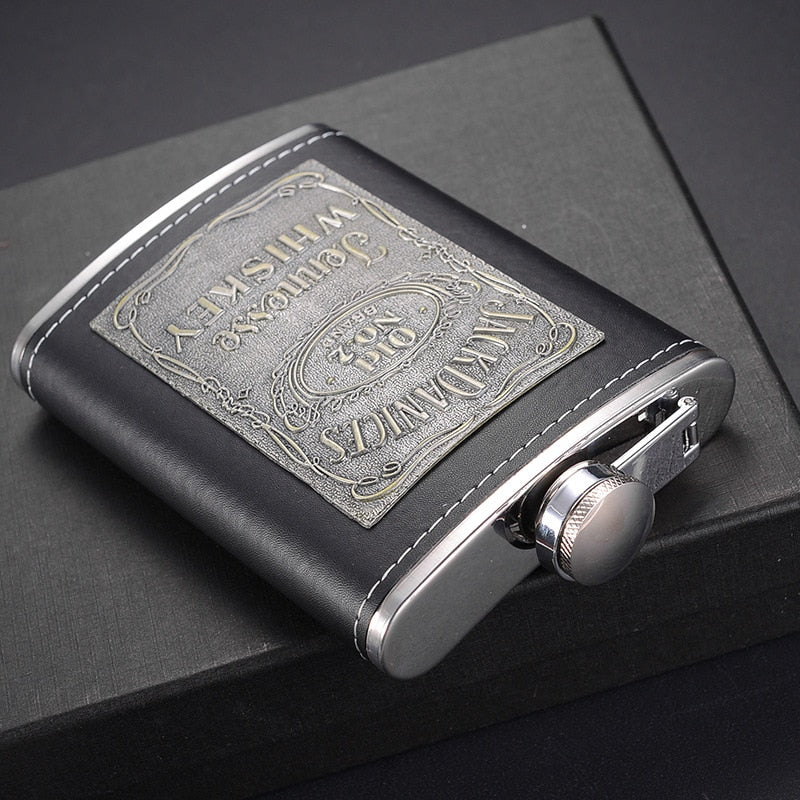8oz Stainless Steel Whisky Bottle with Alcohol Funnel and Embroidered Golden Silk Fabric Packaging Gift Box Set