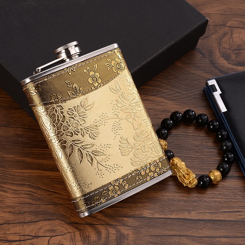 8oz Stainless Steel Whisky Bottle with Alcohol Funnel and Embroidered Golden Silk Fabric Packaging Gift Box Set