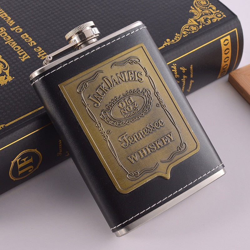 8oz Stainless Steel Whisky Bottle with Alcohol Funnel and Embroidered Golden Silk Fabric Packaging Gift Box Set