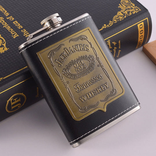 8oz Stainless Steel Whisky Bottle with Alcohol Funnel and Embroidered Golden Silk Fabric Packaging Gift Box Set