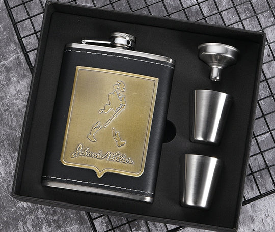 8oz Stainless Steel Whisky Bottle with Alcohol Funnel and Embroidered Golden Silk Fabric Packaging Gift Box Set