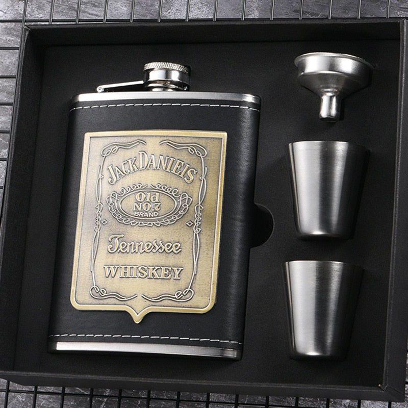 8oz Stainless Steel Whisky Bottle with Alcohol Funnel and Embroidered Golden Silk Fabric Packaging Gift Box Set
