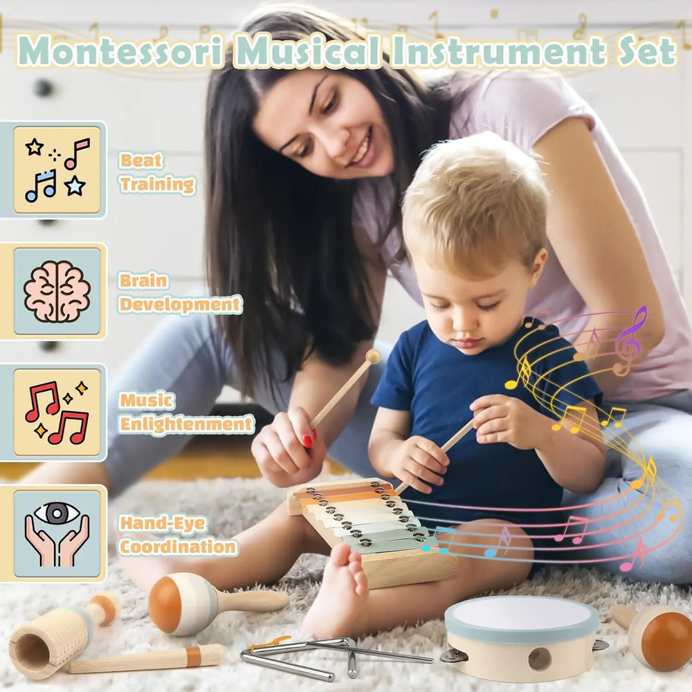 Wooden Montessori Musical Instrument Set for Toddlers - Professionally Tuned Xylophone, Maracas, and More - Educational Gift for Preschoolers