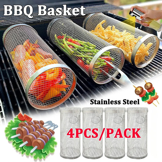 BBQ Grill Basket - Stainless Steel - Rotating Cylinder