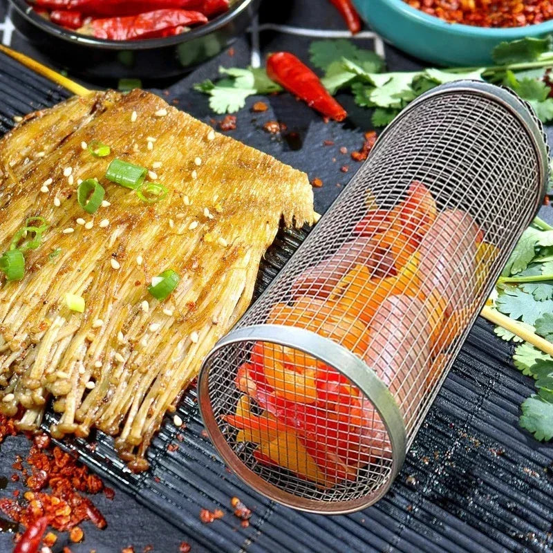 BBQ Grill Basket - Stainless Steel - Rotating Cylinder
