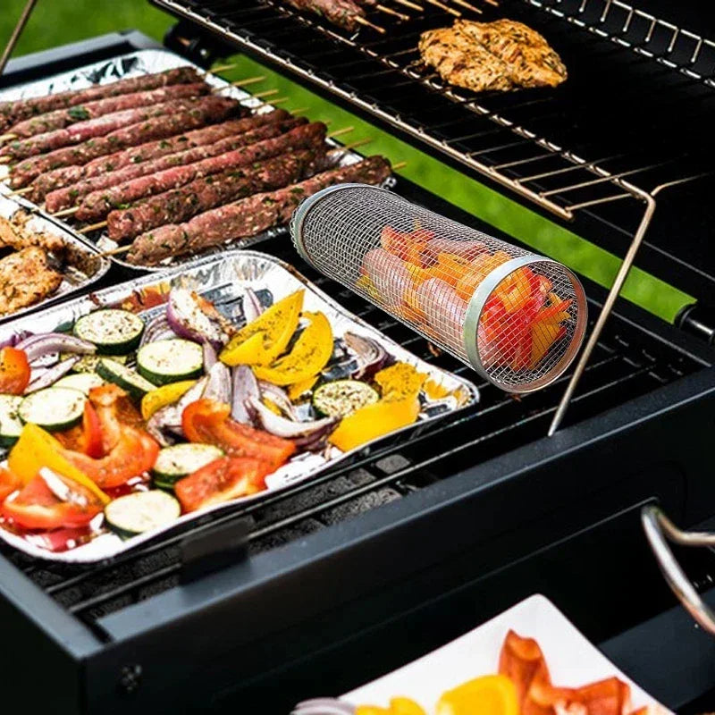 BBQ Grill Basket - Stainless Steel - Rotating Cylinder