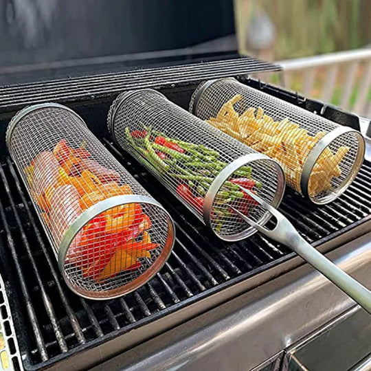 BBQ Grill Basket - Stainless Steel - Rotating Cylinder