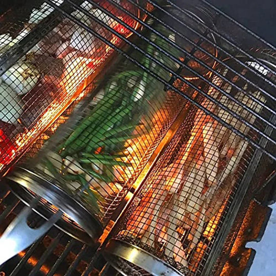 BBQ Grill Basket - Stainless Steel - Rotating Cylinder