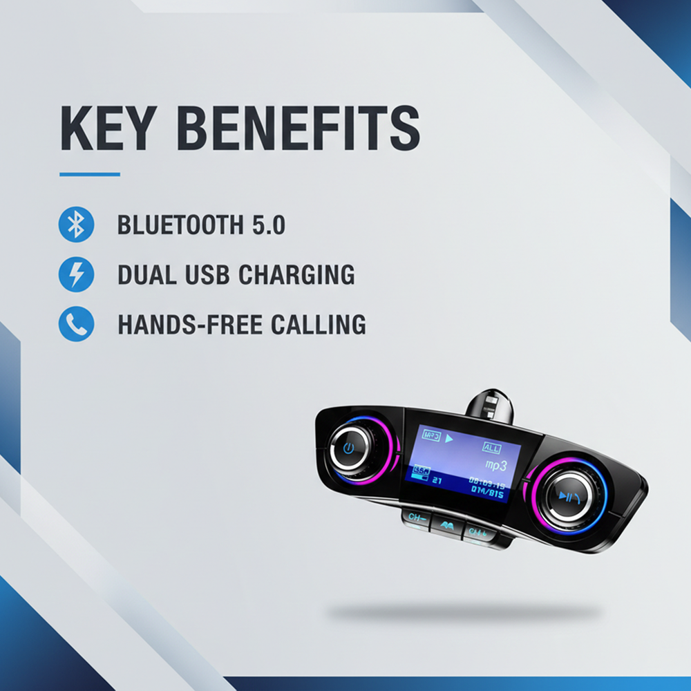 Bluetooth 5.0 Car FM Transmitter - Dual USB Charger - Hands - Free Calling