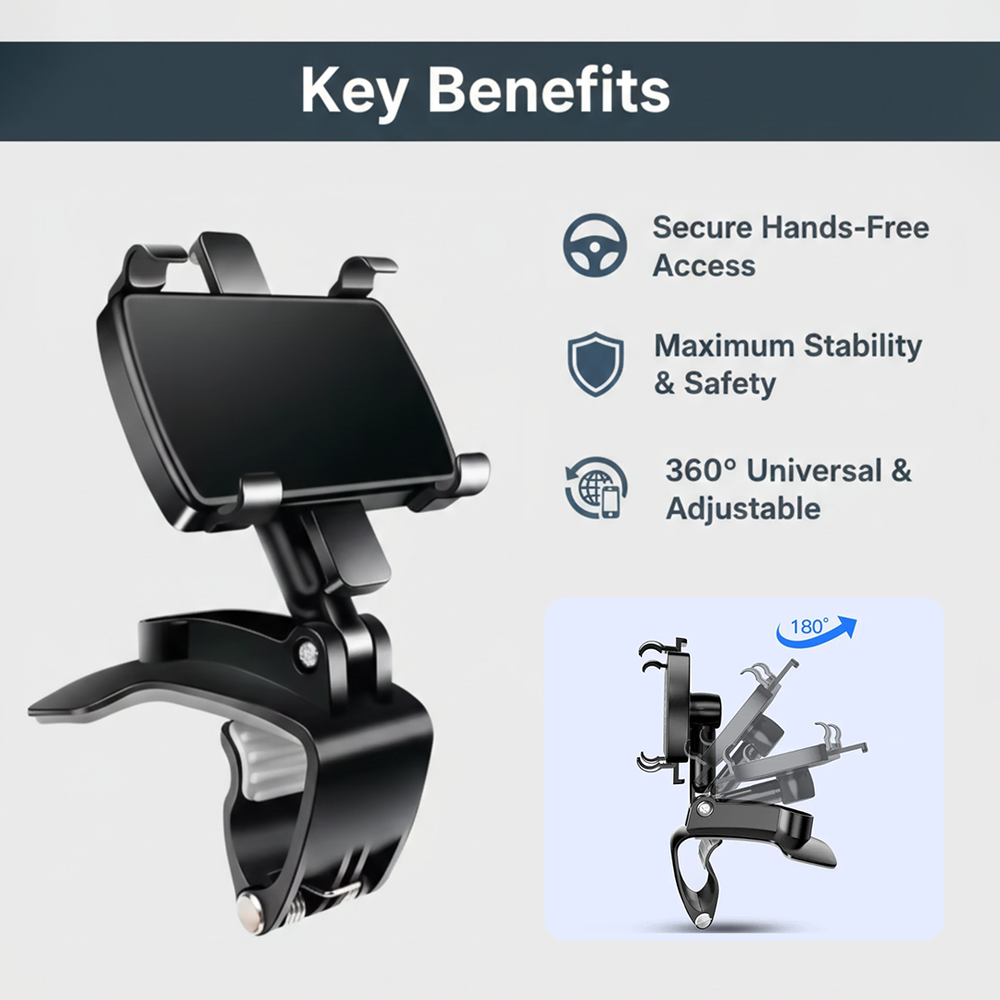 Car Phone Holder - Adjustable Mount - Dashboard Clip