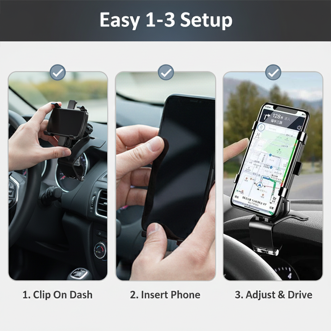 Car Phone Holder - Adjustable Mount - Dashboard Clip