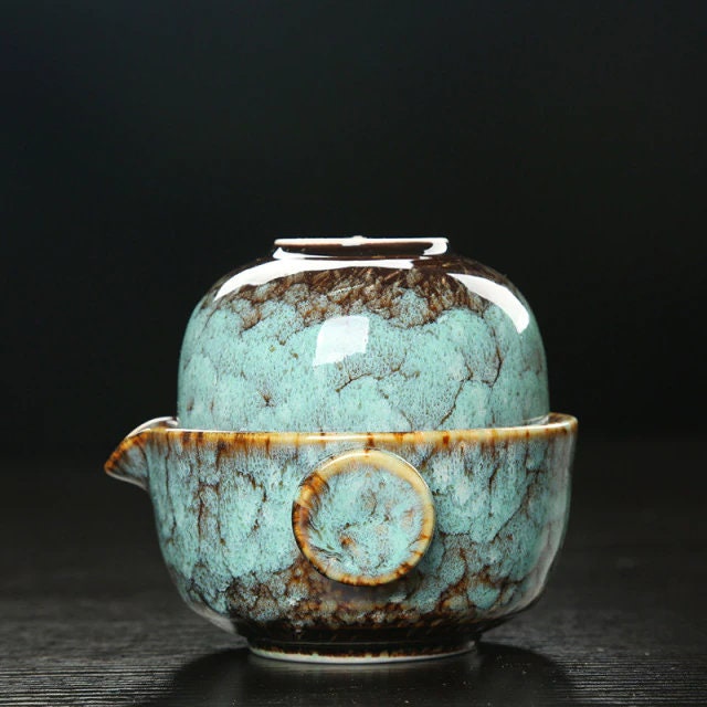 Ceramic Gaiwan Tea Set | Camping Kung Fu Tea Set with 1 Teapot and 1 Cup | Travel Teapot, Coffee Cup, Water Mug, Office Kettle, Drinking Utensils