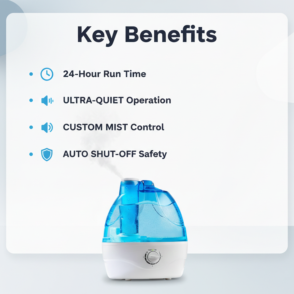 Cool Mist Humidifier - Ultrasonic Operation - Adjustable Output