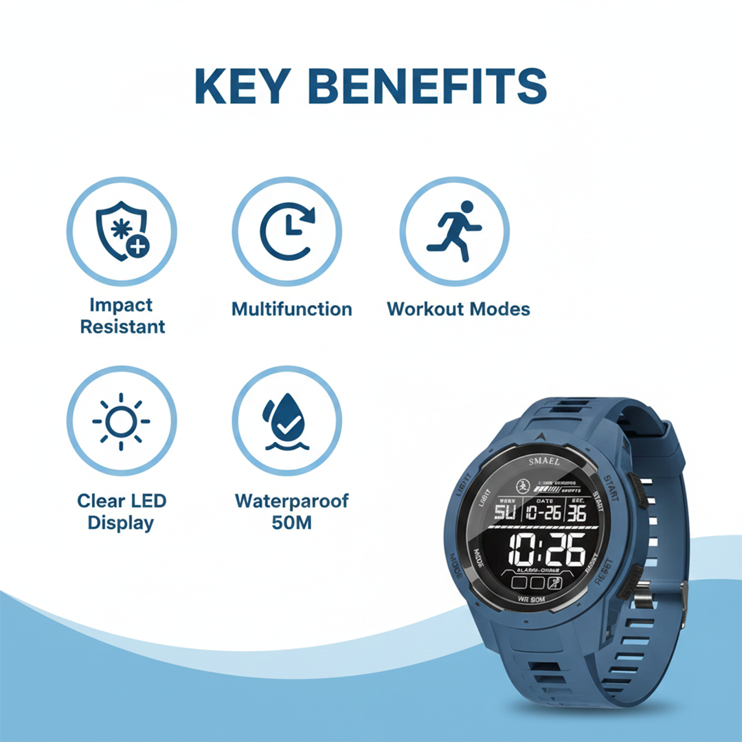 Digital Sports Watch - LED Display - Water Resistant