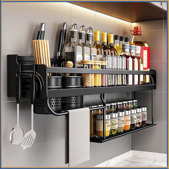Stainless Steel Wall-Mounted Kitchen Shelf with Hooks and Knife Holder – Perfect for a Tidy Kitchen