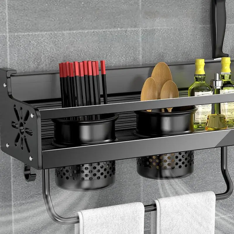Stainless Steel Wall-Mounted Kitchen Shelf with Hooks and Knife Holder – Perfect for a Tidy Kitchen