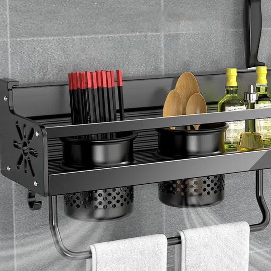 Stainless Steel Wall-Mounted Kitchen Shelf with Hooks and Knife Holder – Perfect for a Tidy Kitchen