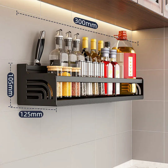 Stainless Steel Wall-Mounted Kitchen Shelf with Hooks and Knife Holder – Perfect for a Tidy Kitchen