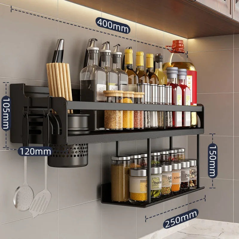 Stainless Steel Wall-Mounted Kitchen Shelf with Hooks and Knife Holder – Perfect for a Tidy Kitchen