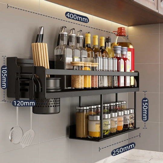Stainless Steel Wall-Mounted Kitchen Shelf with Hooks and Knife Holder – Perfect for a Tidy Kitchen
