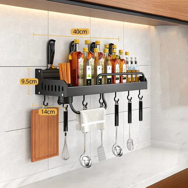 Stainless Steel Wall-Mounted Kitchen Shelf with Hooks and Knife Holder – Perfect for a Tidy Kitchen