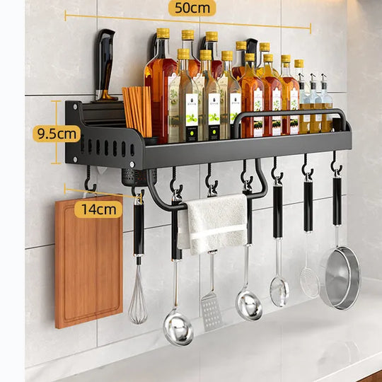 Stainless Steel Wall-Mounted Kitchen Shelf with Hooks and Knife Holder – Perfect for a Tidy Kitchen