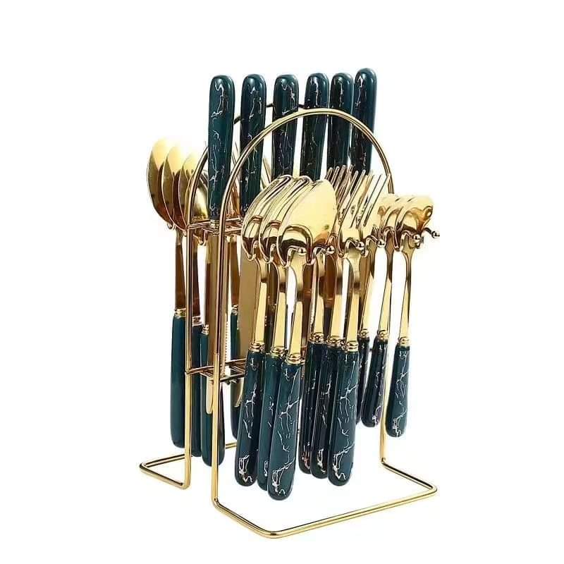 24-Piece Cutlery Set with Green Handles