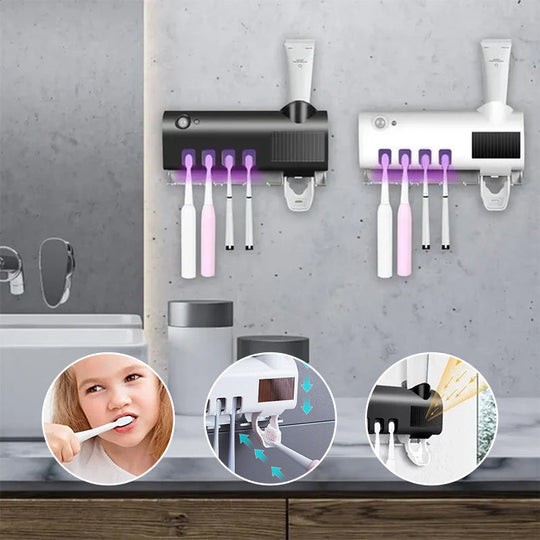 Smart UV Light Sterilizer Toothbrush Holder with Wall-Mounted Toothpaste Dispenser