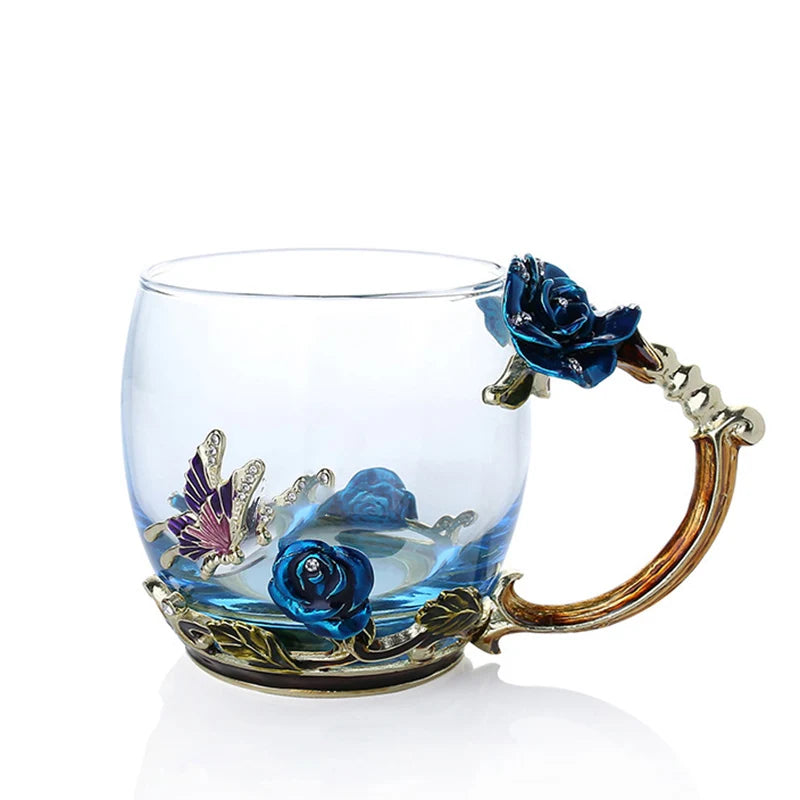 Handcrafted Enamel Coffee Mugs - Rose-Glass Tea Cup with Steel Spoon | Luxury Unique Gifts for Weddings, Valentine's Day, and Birthdays