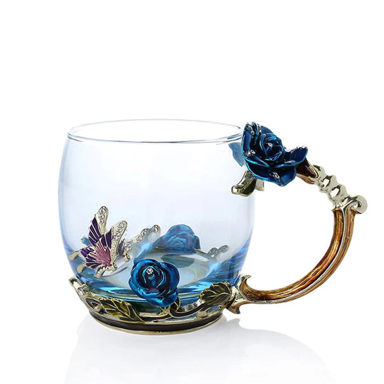 Handcrafted Enamel Coffee Mugs - Rose-Glass Tea Cup with Steel Spoon | Luxury Unique Gifts for Weddings, Valentine's Day, and Birthdays