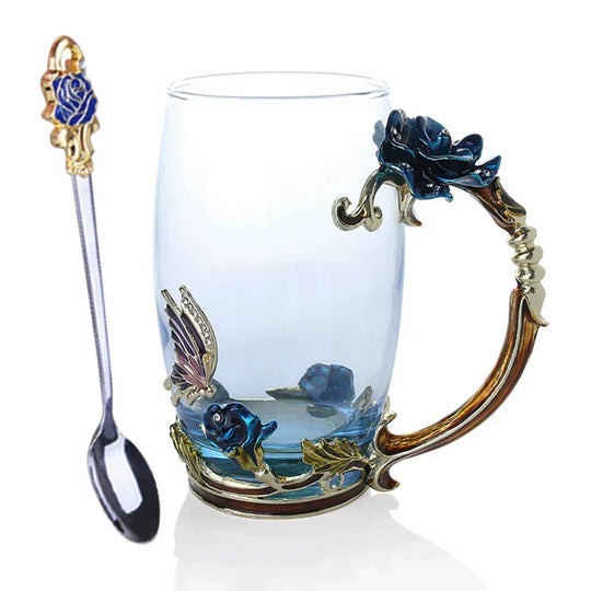 Handcrafted Enamel Coffee Mugs - Rose-Glass Tea Cup with Steel Spoon | Luxury Unique Gifts for Weddings, Valentine's Day, and Birthdays