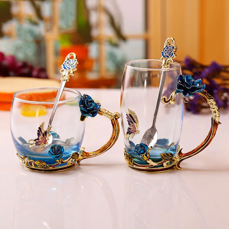 Handcrafted Enamel Coffee Mugs - Rose-Glass Tea Cup with Steel Spoon | Luxury Unique Gifts for Weddings, Valentine's Day, and Birthdays