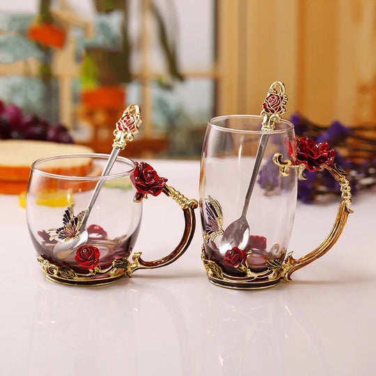 Handcrafted Enamel Coffee Mugs - Rose-Glass Tea Cup with Steel Spoon | Luxury Unique Gifts for Weddings, Valentine's Day, and Birthdays