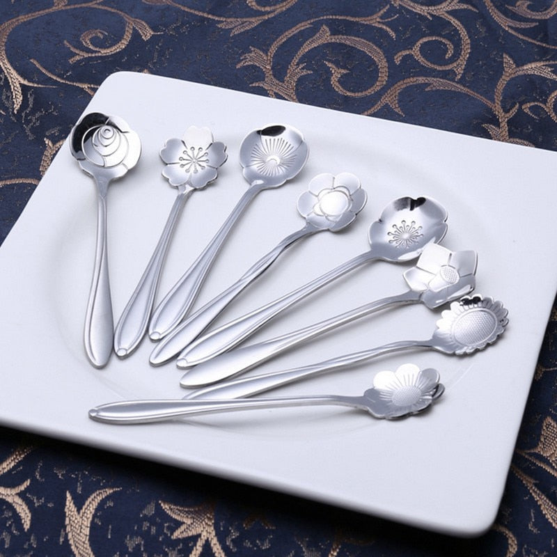 8-Piece Stainless Steel Teaspoon Set with Flower Design