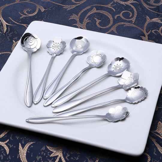 8-Piece Stainless Steel Teaspoon Set with Flower Design