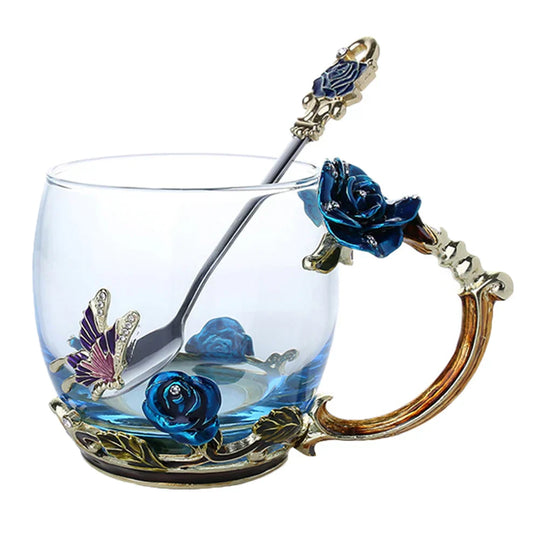 Handcrafted Enamel Coffee Mugs - Rose-Glass Tea Cup with Steel Spoon | Luxury Unique Gifts for Weddings, Valentine's Day, and Birthdays
