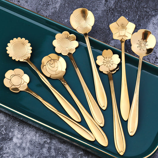 8-Piece Stainless Steel Teaspoon Set with Flower Design