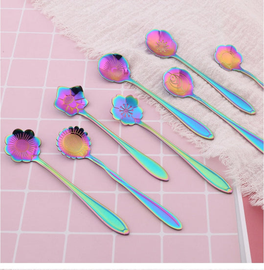 8-Piece Stainless Steel Teaspoon Set with Flower Design