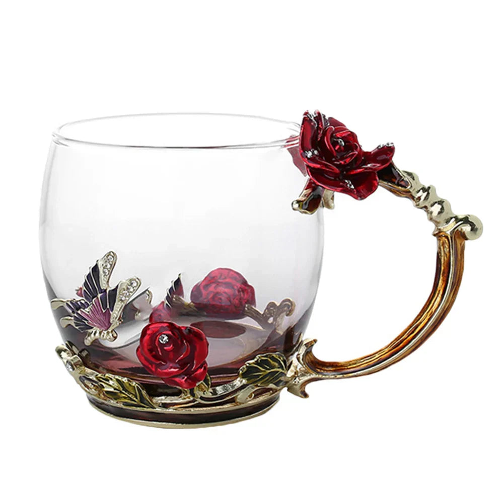 Handcrafted Enamel Coffee Mugs - Rose-Glass Tea Cup with Steel Spoon | Luxury Unique Gifts for Weddings, Valentine's Day, and Birthdays