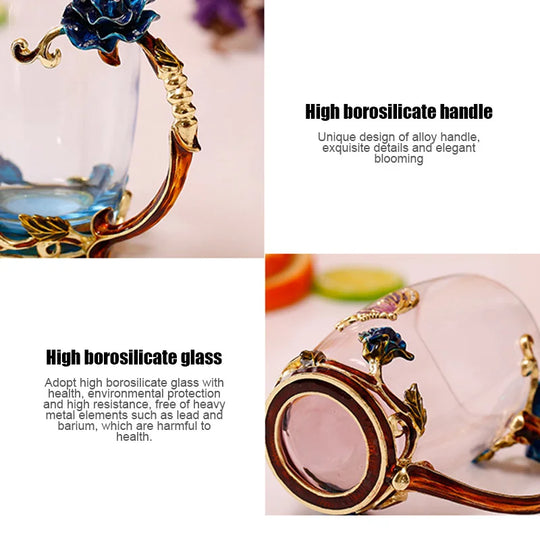 Handcrafted Enamel Coffee Mugs - Rose-Glass Tea Cup with Steel Spoon | Luxury Unique Gifts for Weddings, Valentine's Day, and Birthdays