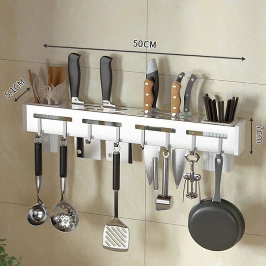 Stainless Steel Wall-Mounted Knife Holder Shelf - Nail-Free Storage with Hooks for Cutlery - Cabinet Organizer for a Tidy Kitchen