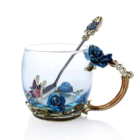 Handcrafted Enamel Coffee Mugs - Rose-Glass Tea Cup with Steel Spoon | Luxury Unique Gifts for Weddings, Valentine's Day, and Birthdays