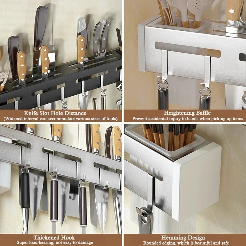 Stainless Steel Wall-Mounted Knife Holder Shelf - Nail-Free Storage with Hooks for Cutlery - Cabinet Organizer for a Tidy Kitchen