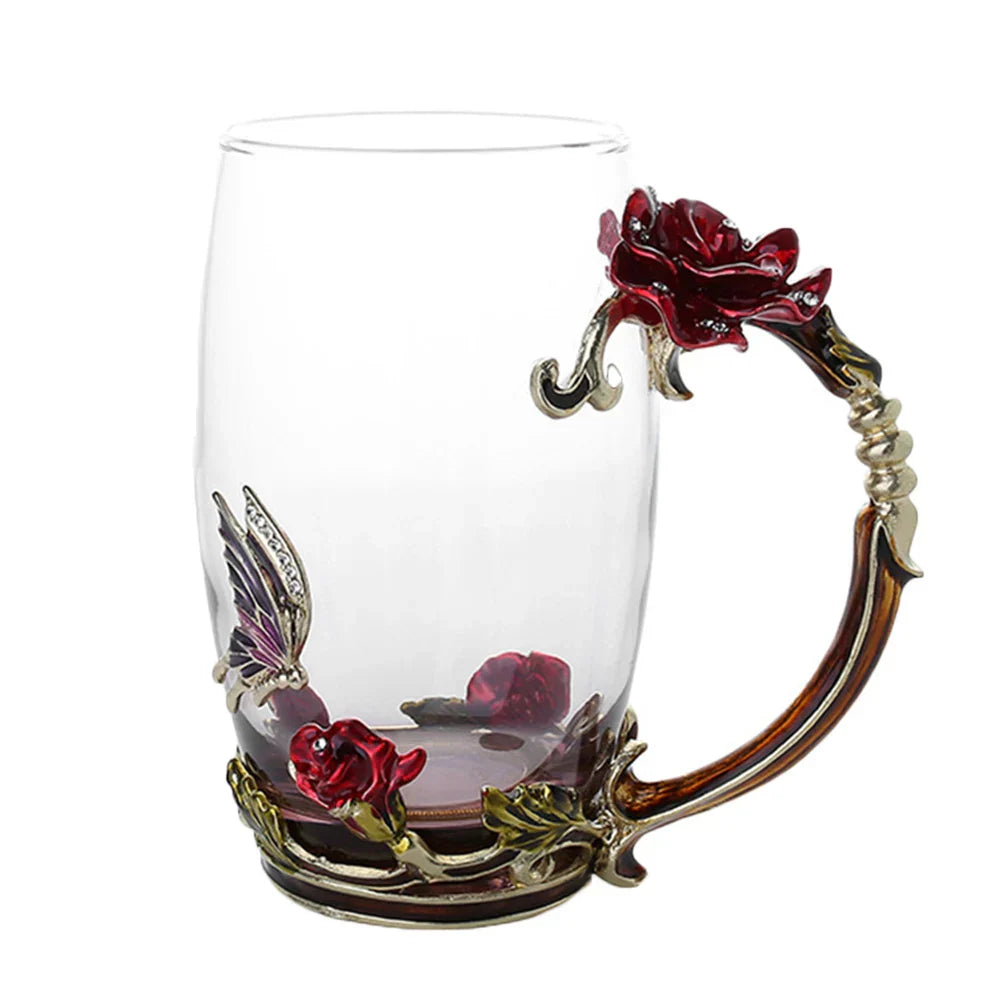 Handcrafted Enamel Coffee Mugs - Rose-Glass Tea Cup with Steel Spoon | Luxury Unique Gifts for Weddings, Valentine's Day, and Birthdays