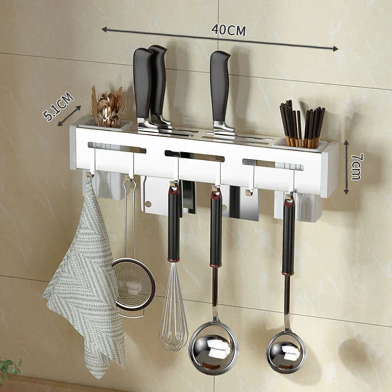 Stainless Steel Wall-Mounted Knife Holder Shelf - Nail-Free Storage with Hooks for Cutlery - Cabinet Organizer for a Tidy Kitchen