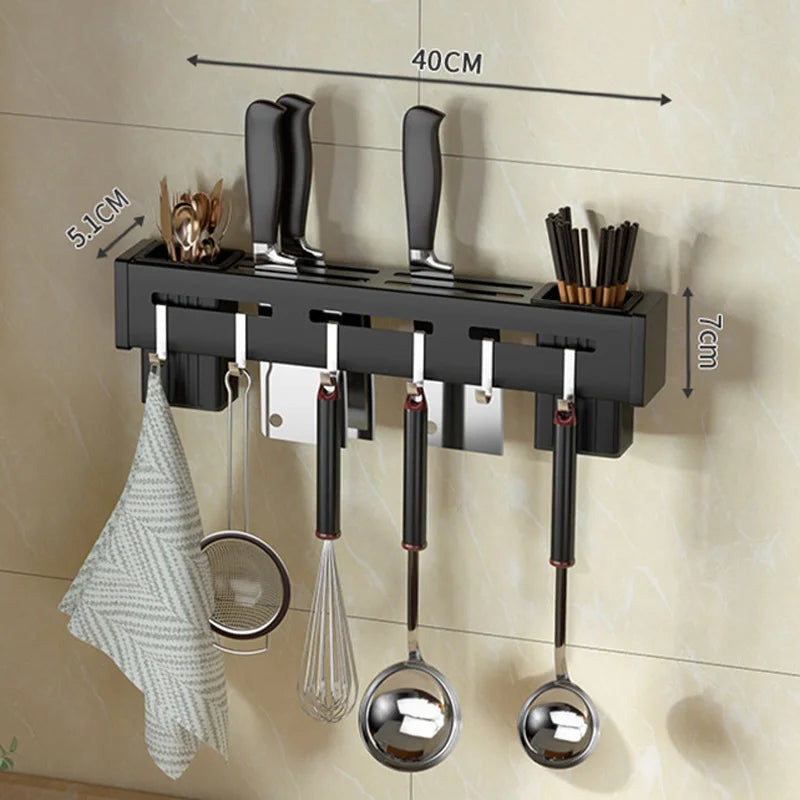 Stainless Steel Wall-Mounted Knife Holder Shelf - Nail-Free Storage with Hooks for Cutlery - Cabinet Organizer for a Tidy Kitchen