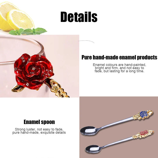 Handcrafted Enamel Coffee Mugs - Rose-Glass Tea Cup with Steel Spoon | Luxury Unique Gifts for Weddings, Valentine's Day, and Birthdays